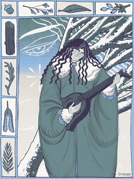 a drawing of a woman playing an instrument